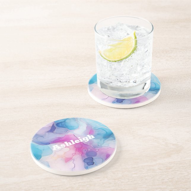 Dessous De Verre En Grès Turquoise Aqua Marbre rose violet Anniversaire (Côté)