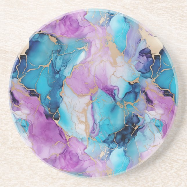 Dessous De Verre En Grès Turquoise Aqua violet marbre or (Devant)