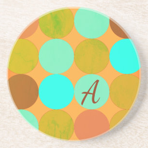 Dessous De Verre En Grès Turquoise Bleu Vert & Cercles Orange Monogramme