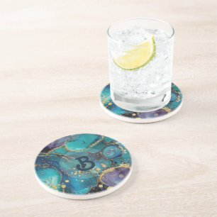 Dessous De Verre En Grès Turquoise esthétique et or marbre fluide