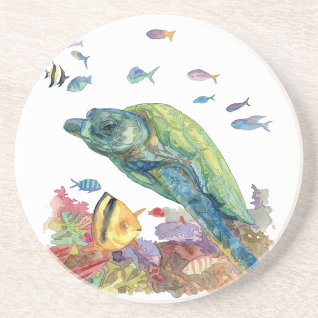 Dessous De Verre En Grès Turtle and fishes in the sea  (Devant)