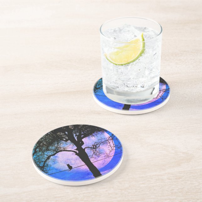 Dessous De Verre En Grès Un chat noir sur une Pleine lune de fil (Côté)