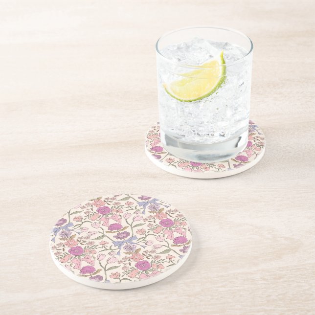 Dessous De Verre En Grès Vaches et fleurs rustiques rose (Côté)