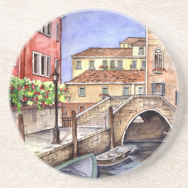 Dessous De Verre En Grès Venise - Stylo & Laver Aquarelle (Devant)