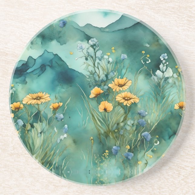 Dessous De Verre En Grès Vert doux paysage aquarelle fleurs sauvages (Devant)