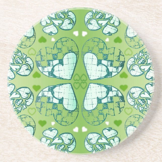 Dessous De Verre En Grès Vert et blanc Whimsical Romantique Coeurs motif (Devant)