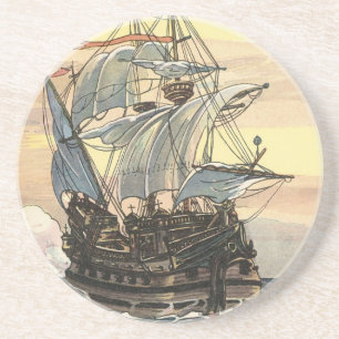 Dessous De Verre En Grès Vieux navire pirate, galion naviguant sur l'océan