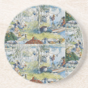 Dessous De Verre En Grès Vintage Carl Larsson Cray Pêche Avec La Famille