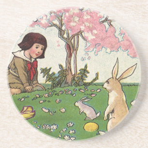 Dessous De Verre En Grès Vintage Child on an Easter Egg Hunt with Animals