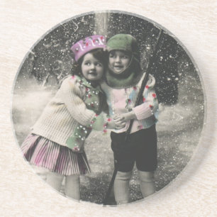 Dessous De Verre En Grès Vintage Christmas, Best Friends on Skis