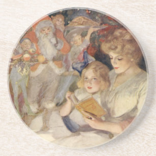 Dessous De Verre En Grès Vintage Christmas, Mother Reading Bedtime Story