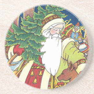 Dessous De Verre En Grès Vintage Christmas, Santa Claus Deer in Forest