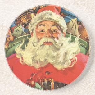 Dessous De Verre En Grès Vintage Christmas, Santa Claus in Sleigh with Toys