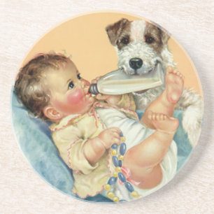 Dessous De Verre En Grès Vintage Cute Baby Boy with Bottle and Puppy Dog