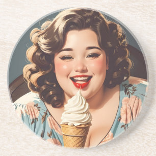 Dessous De Verre En Grès Vintage Femme Heureuse Mangeant de la crème glacée