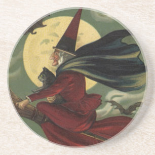 Dessous De Verre En Grès Vintage Halloween sorcière Broomstick avec chat
