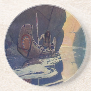 Dessous De Verre En Grès Vintage Indian Canoe Paddling Sun Classic