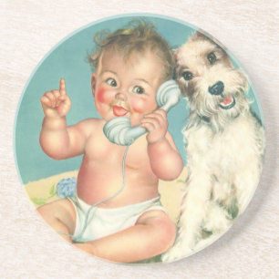 Dessous De Verre En Grès Vintage mignonne bébé parler sur téléphone Chien c