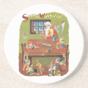 Dessous De Verre En Grès Vintage Noël Père Noël avec elfes dans l'atelier