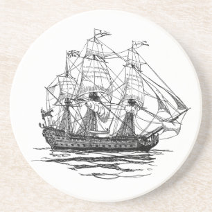 Dessous De Verre En Grès Vintage Pirates Galleon, esquisse d'un navire de 7