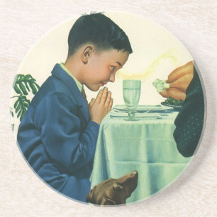 Dessous De Verre En Grès Vintage Religion, garçon disant le bénédicité à Th