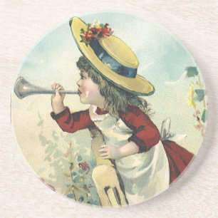 Dessous De Verre En Grès Vintage Victorian Child, Girl Blowing Bugle Meadow