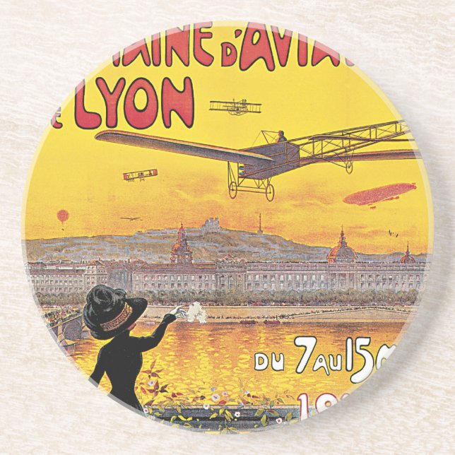Dessous De Verre En Grès Vintage voyage, Avions de l'aviation, Lyon, France (Devant)