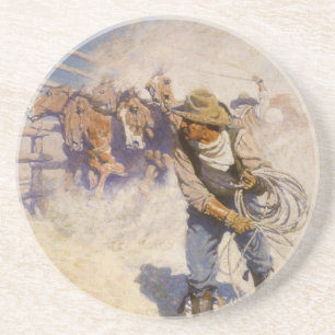 Dessous De Verre En Grès Vintage Western Cowboys, In the Corral par NC Wyet