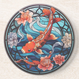 Dessous De Verre En Grès Vitrail asiatique style Koi Poisson et Camellias