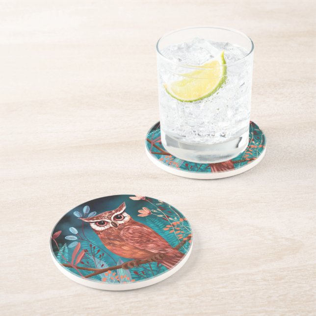 Dessous De Verre En Grès Vom Künstler handillustrierte Eule – Boho Natur (Côté)