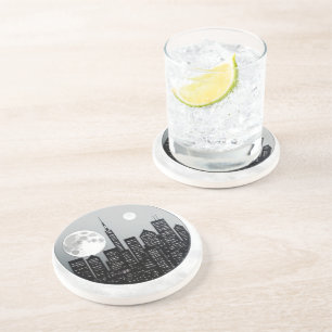 Dessous De Verre En Grès Vue Ville Avec Pleine lune À L'Intérieur De La Lun