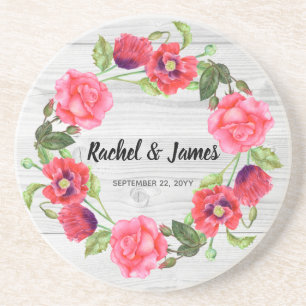 Dessous De Verre En Grès Watercolor Red and Pink Flowers Wreath Design