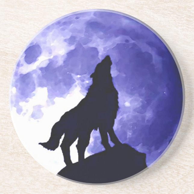 Dessous De Verre En Grès Wolf Silhouette & Pleine lune (Devant)