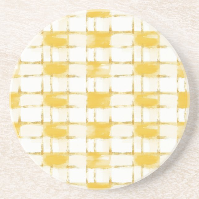 Dessous De Verre En Grès Yellow Gold White Plaid Stripes (Devant)