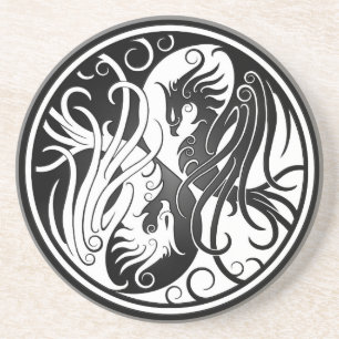 Dessous De Verre En Grès Yin blanc et noir Yang Phoenix