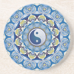 Dessous De Verre En Grès Yin Yang Balance Vie Bleu Jaune Mandala