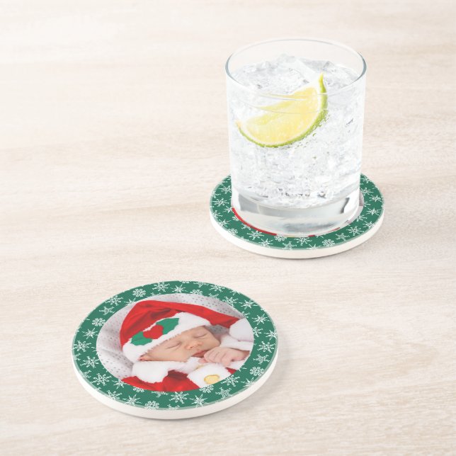 Dessous De Verre En Grès Your Photo Santa Baby Green Background Snowflakes (Côté)
