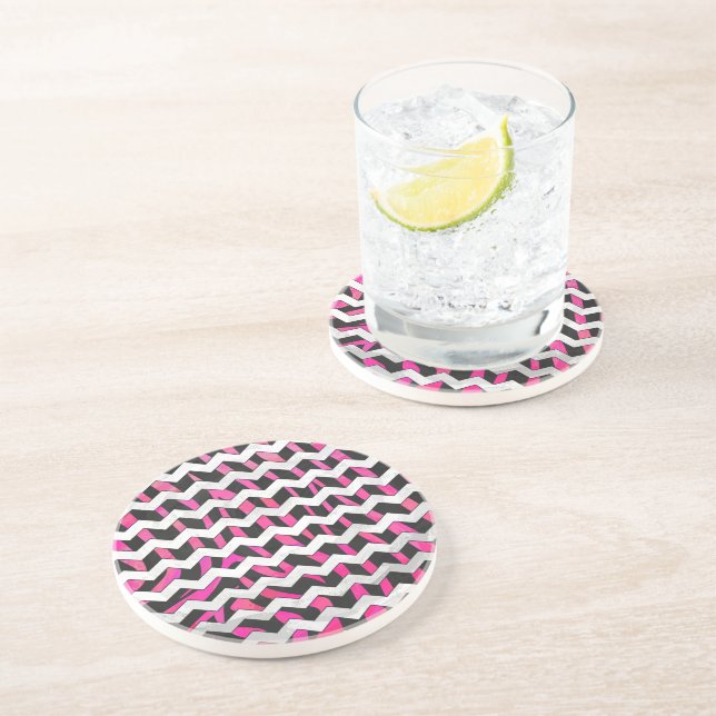 Dessous De Verre En Grès Zebra Chevron noir et rose chaud (Côté)