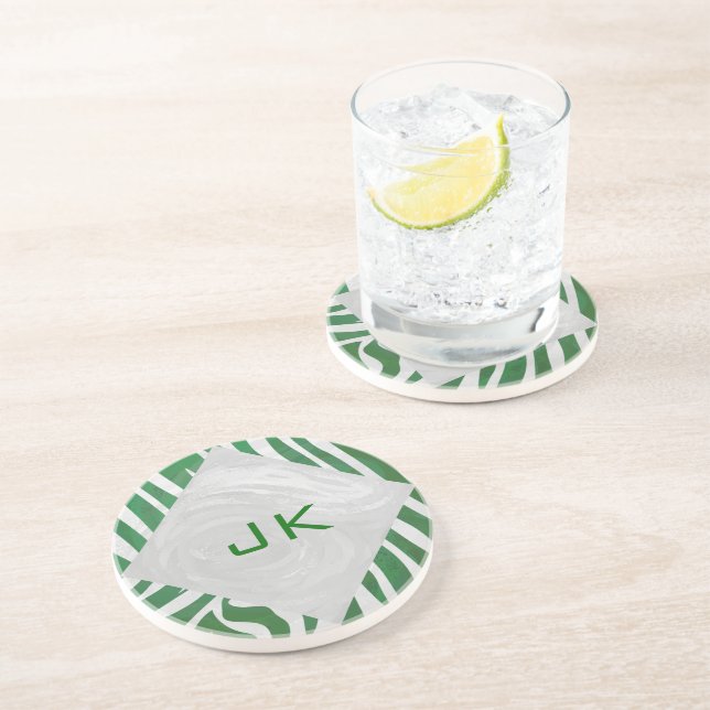 Dessous De Verre En Grès Zebra Monogramme Vert et Blanc Impression (Côté)