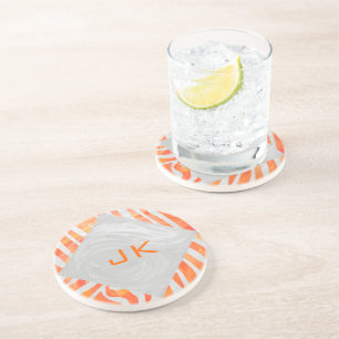 Dessous De Verre En Grès Zèbre Monogramme Orange et Blanc
