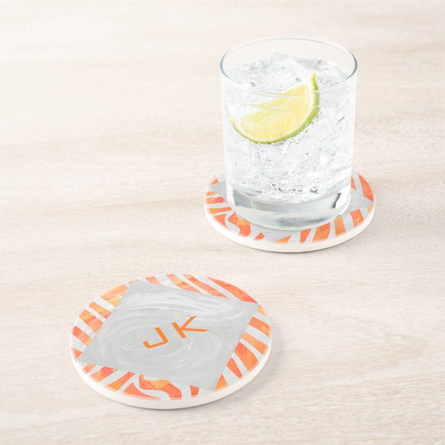 Dessous De Verre En Grès Zèbre Monogramme Orange et Blanc (Côté)