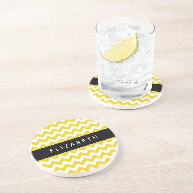 Dessous De Verre En Grès Zigzag Jaune, Chevron Jaune, Votre Nom (Côté)