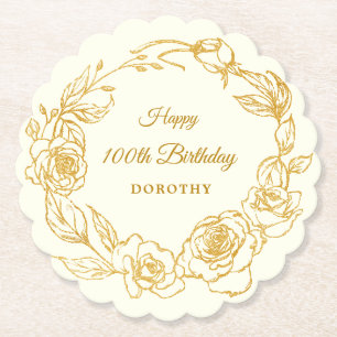 Dessous-de-verre En Papier 100e fête d'anniversaire Rose d'or ivoire blanc