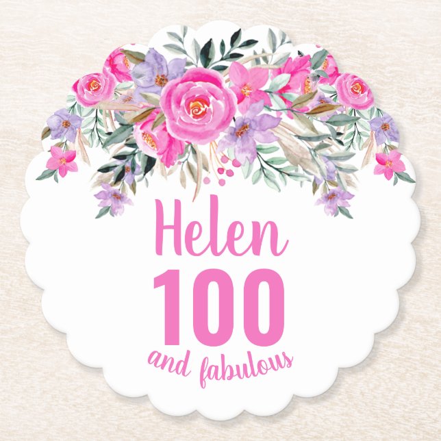 Dessous-de-verre En Papier 100ème anniversaire rose floral nom (Devant)