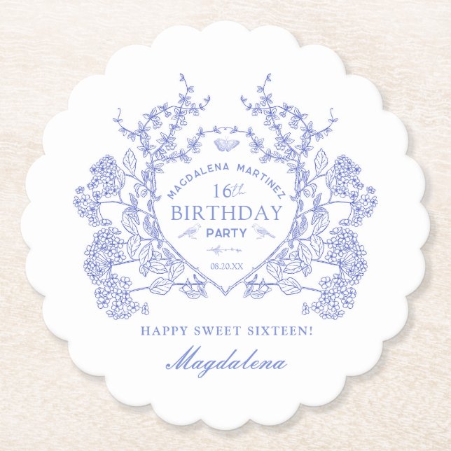 Dessous-de-verre En Papier 16e anniversaire Français Blue Floral Crest Custom (Devant)