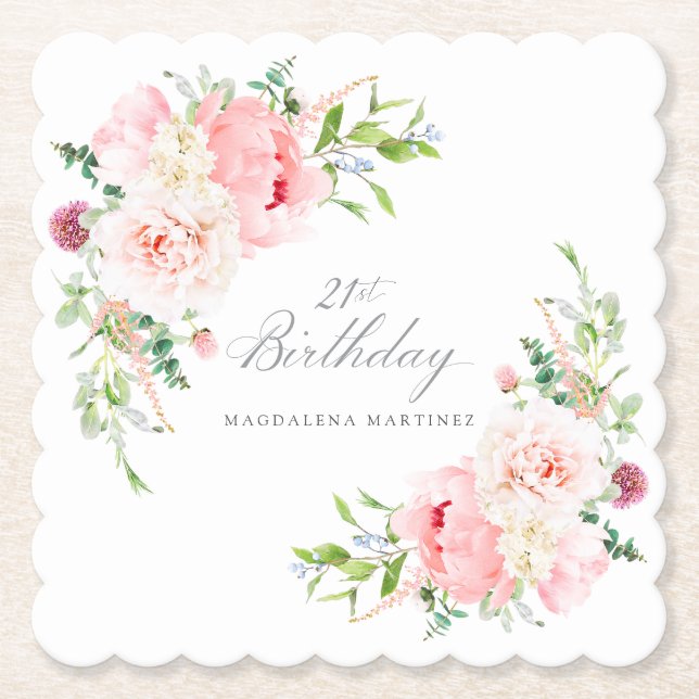 Dessous-de-verre En Papier 21e fête d'anniversaire rose floral Custom (Devant)