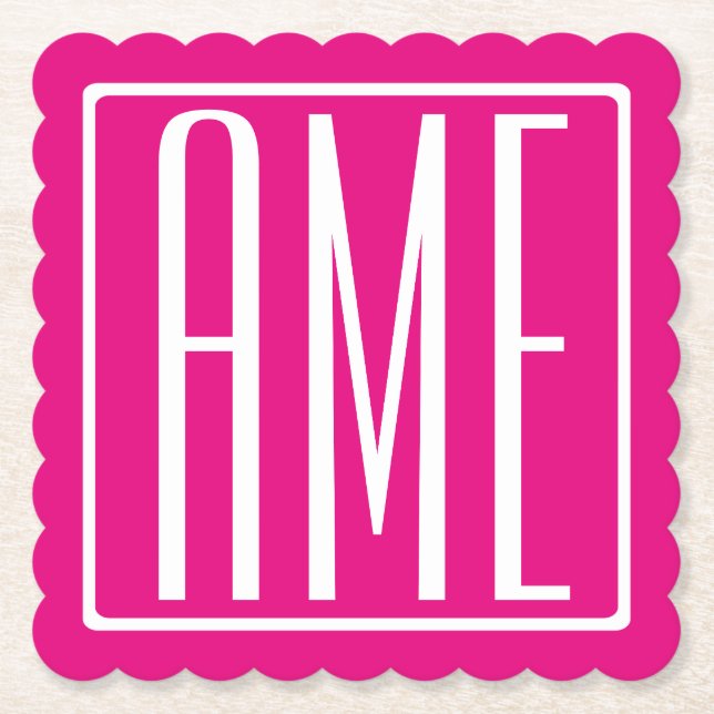 Dessous-de-verre En Papier 3 Initiales Monogramme | Blanc sur rose chaud (Devant)