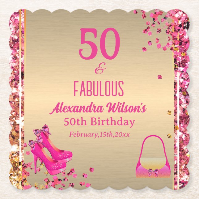 Dessous-de-verre En Papier 50 & Fabulous Gold Pink Glittery High Heels (Devant)