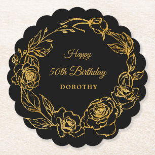 Dessous-de-verre En Papier 50e fête d'anniversaire Luxe Gold Rose Floral Blac