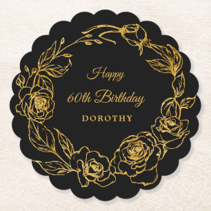 Dessous-de-verre En Papier 60e fête d'anniversaire Luxe Gold Rose Floral Blac